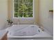 Bright bathroom featuring a large soaking tub with gold fixtures under a window overlooking a wooded area at 1950 Lower Burris Rd, Canton, GA 30114