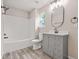 Bright bathroom featuring white fixtures, light grey cabinetry, and modern lighting at 1943 Lake Chase Ln, Jonesboro, GA 30236