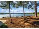 Picturesque lake view with picnic tables under trees, perfect for outdoor relaxation at 8189 N Pine Cone N Dr, Villa Rica, GA 30180