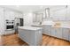 Modern kitchen featuring gray cabinetry, stainless steel appliances, and a central island with a white countertop at 3505 Aqua Point Pl, Cumming, GA 30041