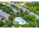 Aerial view showcases a community nestled in lush greenery with a pool at 11352 Musette Cir, Alpharetta, GA 30009