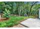 Private backyard with lush trees, a patio, and a storage shed, offering a serene outdoor space at 1718 Cahoon Sw St, Atlanta, GA 30310