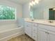 Bathroom featuring a double sink vanity and soaking tub with natural light at 3016 Creekside Overlook Way, Austell, GA 30168