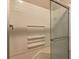 Modern shower with a glass door, built-in shelves, and white subway tile surround at 490 Grand Teton Cir, Fayetteville, GA 30215