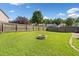 Lush backyard with green grass, a stone fire pit, and a wood perimeter fence at 137 Hidden Lake Cir, Canton, GA 30114