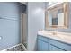 Bathroom with blue vanity and walls, patterned flooring, and a glass enclosed shower at 137 Hidden Lake Cir, Canton, GA 30114