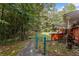 View of the backyard featuring a small shed/chicken coop, surrounded by mature trees and a green-fenced garden at 1051 Rock Springs Rd, Lawrenceville, GA 30043