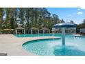 Resort-style pool with a mushroom fountain and shaded seating areas at 596 Silver Moon Drive, Loganville, GA 30052