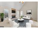 Inviting living room with a cozy fireplace, vaulted ceiling, and stylish decor, perfect for relaxation and entertaining at 228 Otter Cir, Fayetteville, GA 30215