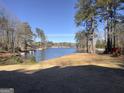 Picturesque lake view showing the serene water surrounded by lush trees and vegetation under a clear blue sky at 3140 Jodeco Dr, Jonesboro, GA 30236