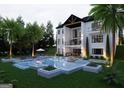 Serene backyard oasis with a sparkling pool, comfortable lounge chairs, and lush tropical landscaping at 532 Saint Sambar Dr, Ellenwood, GA 30294