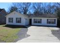 Quaint single-story home with a driveway and white siding and blue shutters at 343 Kate Dr, Forest Park, GA 30297