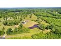 Aerial view of the home showing the private acreage, the pond, and the location at 10 Last St, Moreland, GA 30259