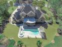 Expansive aerial view of a brick home with a pristine pool, hot tub, pergola, screened porch and lush landscaping at 310 Westbourne Dr, Tyrone, GA 30290