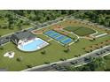 An aerial rendering of the Oak Ridge Meadows neighborhood's clubhouse, pool, tennis courts, playground, and dog park at 591 Parnassus Rd, Locust Grove, GA 30248