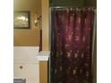 Bathroom features a shower with burgundy floral curtain next to a soaking tub with white tile surround at 472 Harvick Cir, Stockbridge, GA 30281