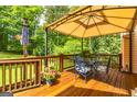 Relaxing outdoor deck featuring a shaded pergola with table set, offering a serene spot for dining and enjoying nature at 120 Lyndhurst Way, Sharpsburg, GA 30277