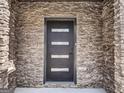 Front door with stone facade, modern design, and sleek hardware at 209 Langshire Dr, Mcdonough, GA 30253