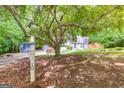 Landscaped yard with a mature tree, mailbox and storage shed in the background at 10 Queens Ct, Sharpsburg, GA 30277