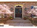 Close up of a beautiful front door with decorative glass and flanking Japanese Maple trees at 9995 Huntcliff Trce, Atlanta, GA 30350