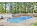 Backyard in-ground pool with blue liner, concrete surround, and a wooded perimeter at 101 Bluegill Trce, Peachtree City, GA 30269