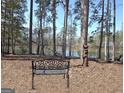 Serene backyard oasis featuring mature trees, lush greenery, and a charming wrought iron bench near the lake at 82 Airmont Dr, Sharpsburg, GA 30277