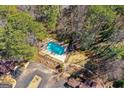 Aerial view of a backyard pool surrounded by lush greenery and mature trees at 53 Cobblestone Crk, Peachtree City, GA 30269