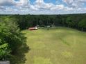Large grassy field featuring a red barn and other outbuildings, with lush trees surrounding property at 1572 Hines Rd, Moreland, GA 30259