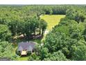 Expansive aerial view of a home with mature trees, open green space, and a private, tranquil setting at 1572 Hines Rd, Moreland, GA 30259