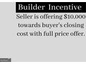 Text promoting buyer incentive of 10,000 towards closing cost with full price offer at 1240 Hayes Sq, Peachtree City, GA 30269