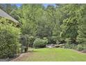 Serene backyard featuring a fire pit area and lush greenery with wooded backdrop at 135 Rockglen Ct, Fayetteville, GA 30215
