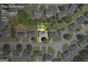 Aerial view showing plat overview of 3842 Monticello St with lot lines, landscaping, and home at 3842 Monticello St, Douglasville, GA 30135