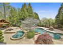 Aerial view of a custom pool with mature trees, a spa, and lounge area at 113 Regents Sq, Peachtree City, GA 30269