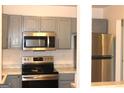 Stylish kitchen featuring stainless steel appliances, grey cabinets, and sleek countertops at 4651 Garden Hills Dr, Stone Mountain, GA 30083