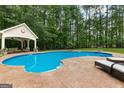 Backyard oasis featuring a large in-ground pool, a patio, a pool house, and mature trees at 155 Carrolls Way, Fayetteville, GA 30215
