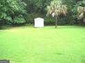 Large backyard with an outbuilding and mature trees, offering a private and serene setting at 225 Long Creek Dr, Covington, GA 30016