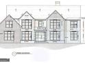 Front elevation diagram of a two-story brick home with symmetrical window placement and detailed measurements at 4360 Riverstone Shls, Ellenwood, GA 30294