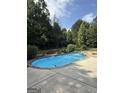 Inviting in-ground swimming pool featuring a unique design, surrounded by lush landscaping and a concrete patio at 1422 New Holland Cir, Mcdonough, GA 30252