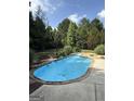 Inviting in-ground swimming pool featuring a unique design, surrounded by lush landscaping and a concrete patio at 1422 New Holland Cir, Mcdonough, GA 30252