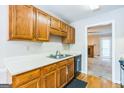 Practical kitchen showcasing wood cabinets, stainless steel sink, and adjoining living space at 1099 Westfield Se Trce, Smyrna, GA 30082