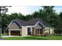 Attractive tan brick home featuring a two-car garage, arched entryway, manicured lawn, and flower beds at 1077 Crooked Creek Rd, Lithonia, GA 30058