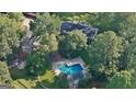 An aerial view of a private home surrounded by dense trees and featuring a backyard pool and patio at 115 Shoal Creek Dr, Sharpsburg, GA 30277