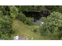 Overhead shot of a peaceful pond surrounded by mature trees and lush green grass at 300 Peggy Cole Bridge Rd, Villa Rica, GA 30180
