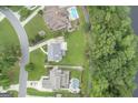 Aerial view of lush green backyard with swimming pool and houses bordering the river at 107 Edgewater Way, Peachtree City, GA 30269