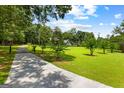 Long paved driveway leading to a beautiful house is surrounded by lush greenery and mature trees at 152 Bear Creek Rd, Moreland, GA 30259