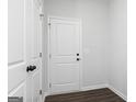 Hallway featuring two doors with dark wood-look floors and light gray walls at 714 Ocmulgee Crossing, Locust Grove, GA 30248