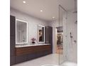 Elegant bathroom featuring marble walls, a double vanity, illuminated mirrors, and a walk-in closet at 318 Sandy Springs Cir # 110, Atlanta, GA 30328