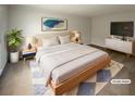 Well-lit staged bedroom featuring a modern platform bed, side tables, and abstract wall art at 3960 Windy Shore Dr, Snellville, GA 30039