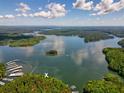 Beautiful aerial view of lake surrounded by lush greenery under a partly cloudy sky at 7 Yachting Way, Acworth, GA 30102