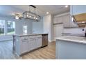 Modern kitchen featuring gray cabinets, granite countertops, stainless steel appliances, and stylish light fixtures at 6214 Ripple Way # 91, South Fulton, GA 30349
